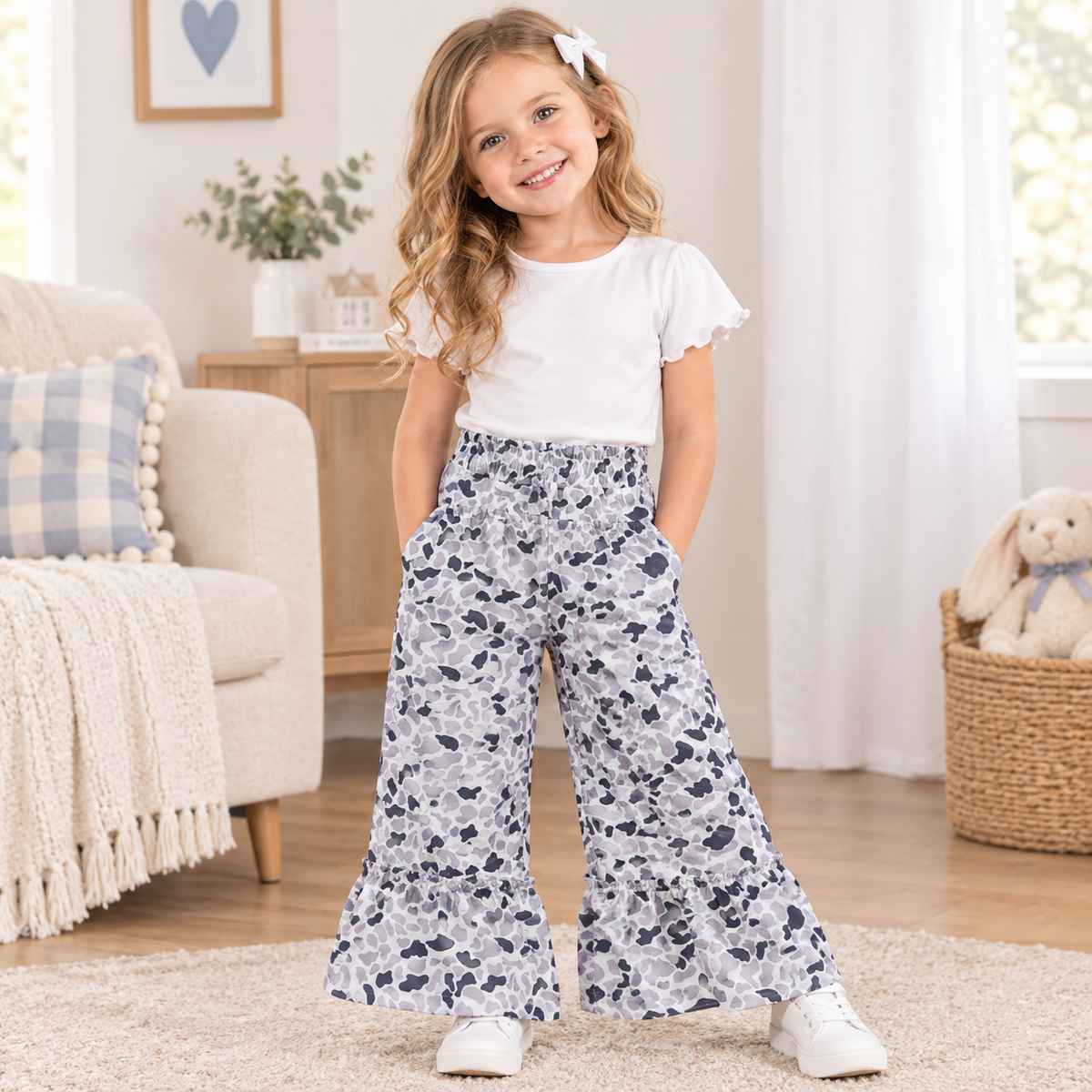 NEW RTS NO MOQ Yoga  P1054 Baby Girls Grey Camo Yoga Active Ruffle Flare Pants Bottom