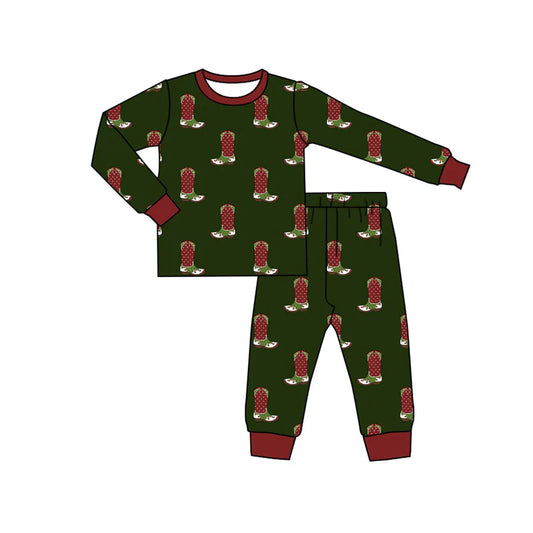 X920Preorder (moq 5)Baby Boys Dark Green Boots Top Pants Christmas Pajamas Set