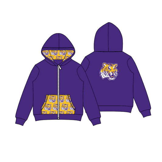 8.5Preorder (moq 5)Baby Boys Purple Tigers Team Pocket Zipper Hoodies Tops
