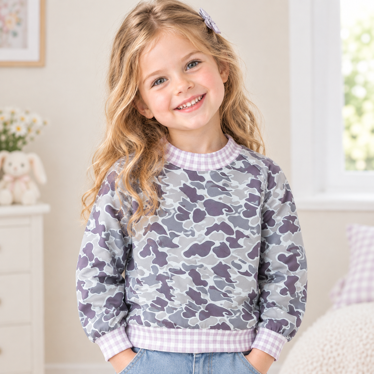 NEW RTS NO MOQ milk silk GT1873 Baby Girls Long Sleeve Southern Grey Camo Pink Checked T-shirts Top