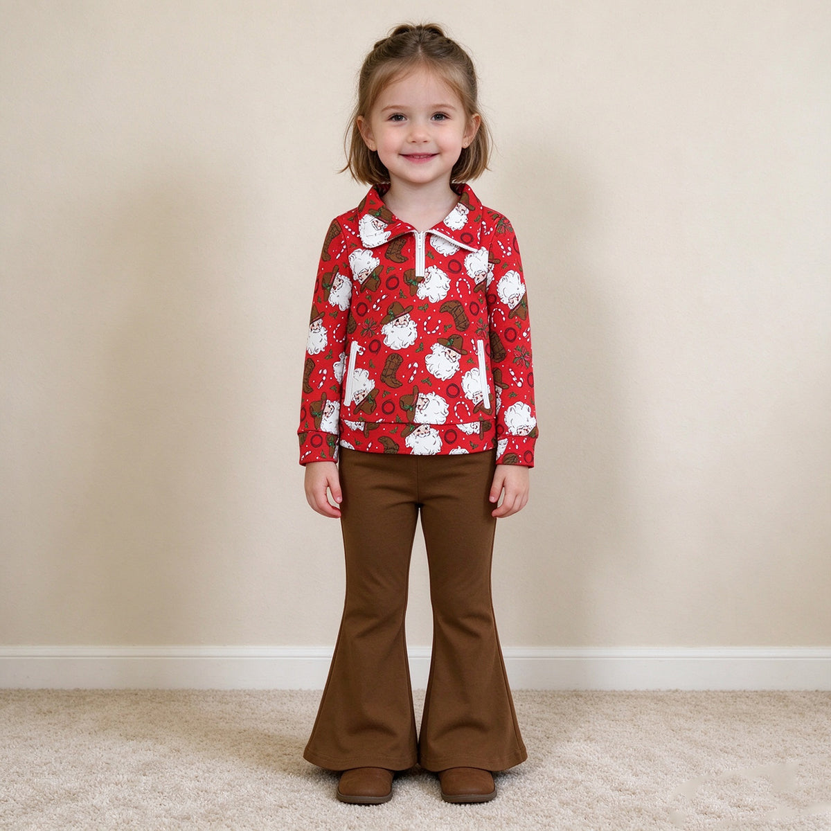 NEW RTS NO MOQ milk silk GLP3509 Baby Girls Holly Santa Zip Pockets Pullovers Bell Bottom Pant Christmas Clothes Set