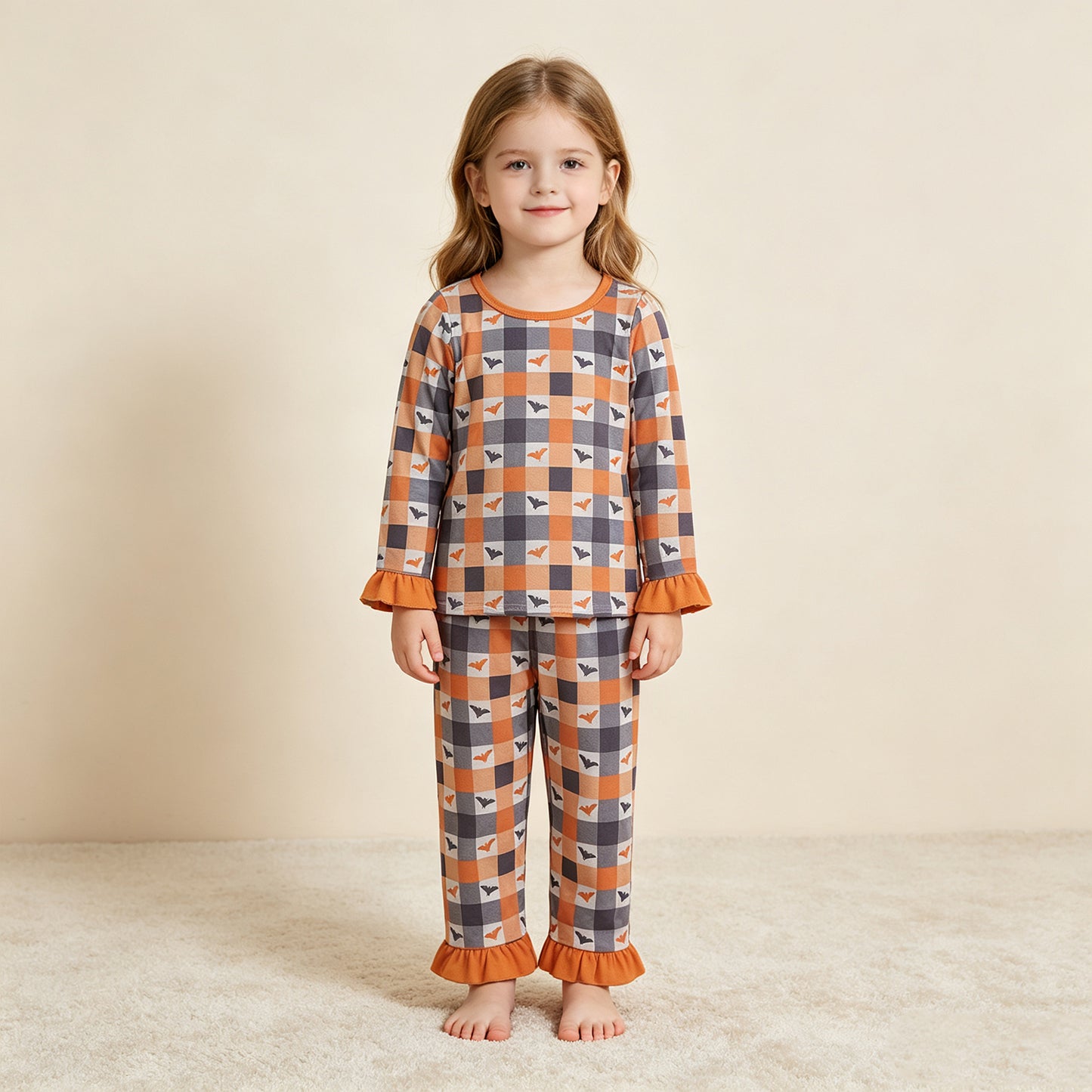 NEW RTS NO MOQ milk silk GLP3533 Baby Girls Bats Checked Top Ruffle Pant Halloweens Pajamas Sets