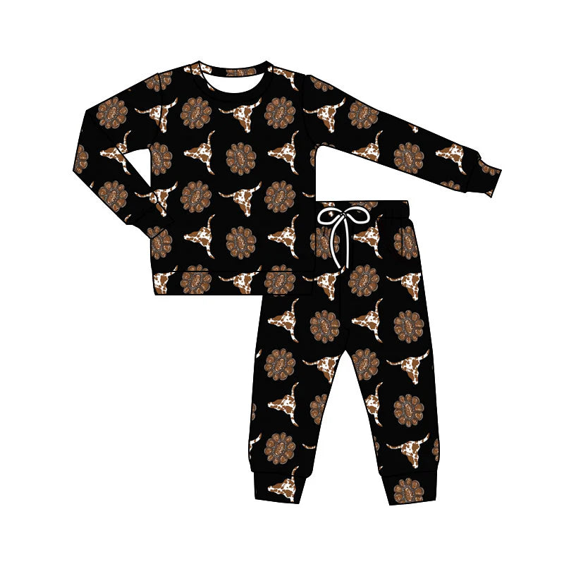 X11.13Preorder(moq 5) Baby Girls Cow Print Turquoises Bull Skulls Top Pockets Pants Western Clothes Sets
