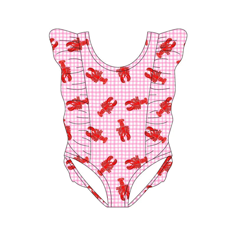 X11.18Preorder(moq 5) Baby Girls Pink Checked Crayfishes Ruffle Swimsuits