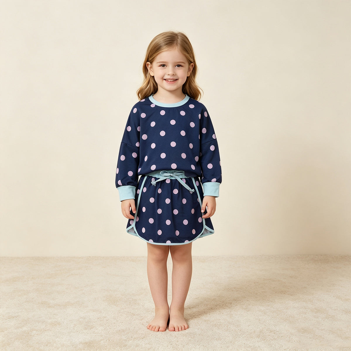 NEW RTS NO MOQ milk silk GLD1762 Baby Girls Navy Polka Dots Long Sleeve Shirt Top Skirt Short Clothes Set