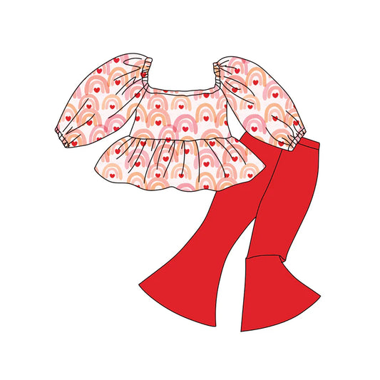 X12.16 Preorder (moq 5)Baby Girls Rainbows Hearts Ruffle Tunic Bell Bottom Pants Valentines Clothes Sets