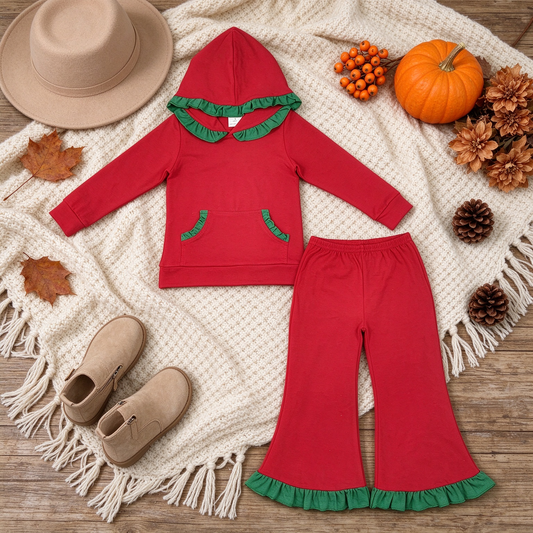 NEW RTS NO MOQ milk silk GLP3751 Baby Boys Red Green Pocket Ruffle Hoodie Flare Pant Clothes Set