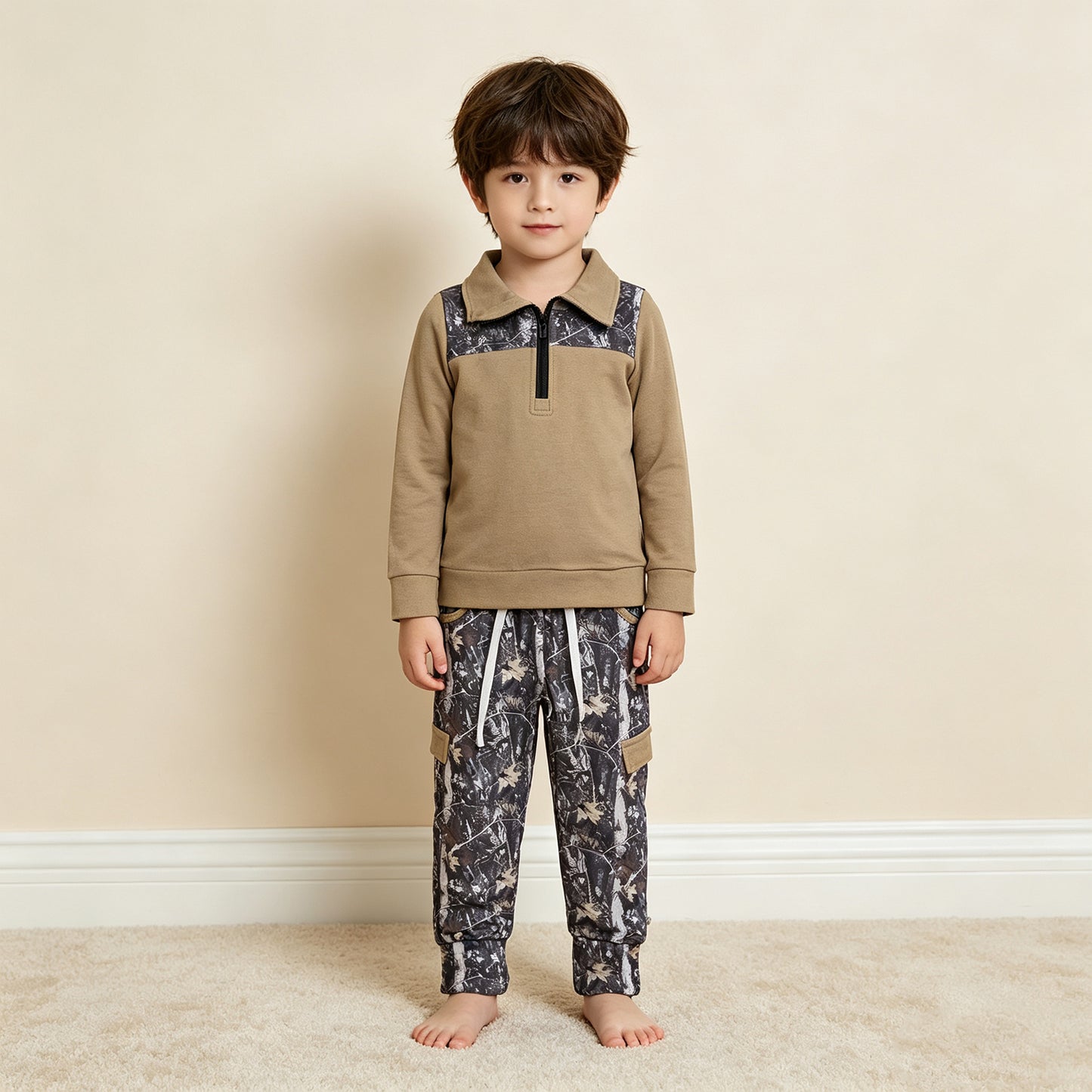NEW RTS NO MOQ milk silk BLP1446 Baby Boys Khaki Zip Pullover Leaves Camo Pockets Jogger Clothes Sets