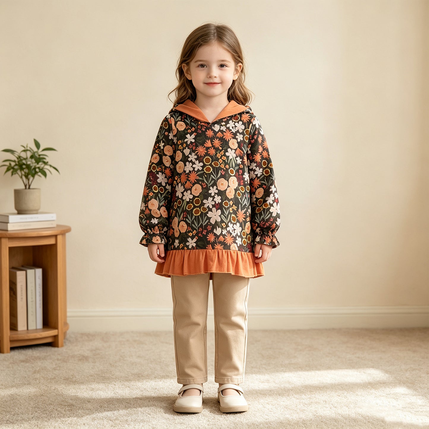 NEW RTS NO MOQ milk silk GT1644 Baby Girls Flower Print Ruffle Cuff Hooded Sweatshirt Casual Top