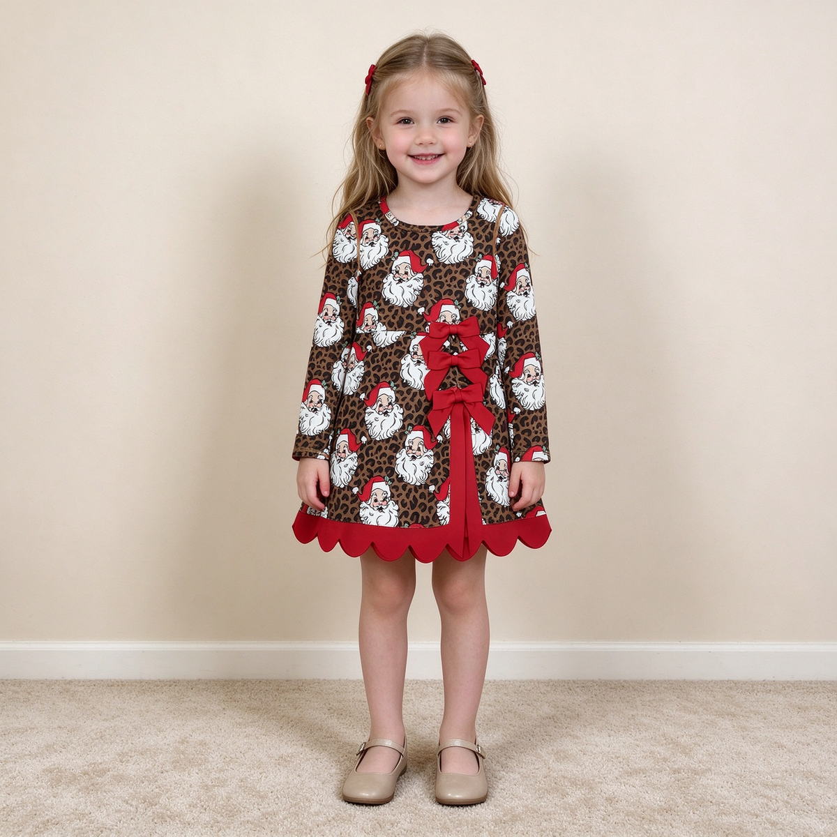 NEW RTS NO MOQ yoga fabric GLD1679 Baby Girls Leopard Santa Short Christmas Bows Scallop Yoga Active Knee Length Dress