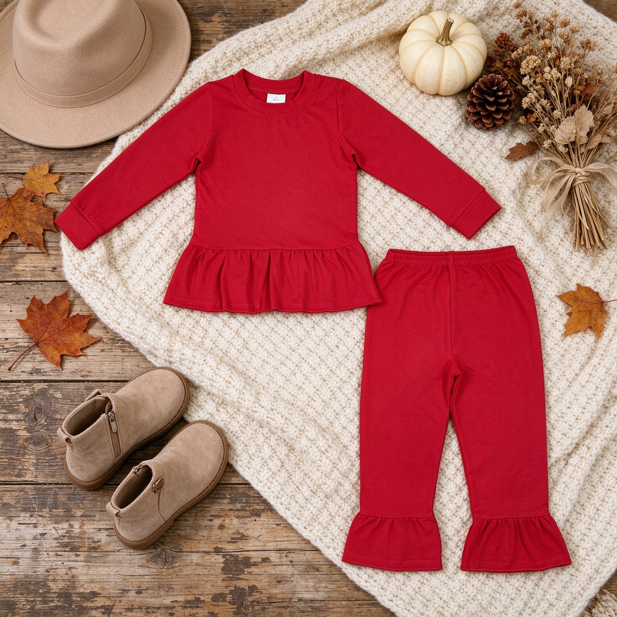 NEW RTS NO MOQ milk silk GLP3749 Baby Girls Red Long Sleeve Shirt Tunic Ruffle Pant Clothes Set