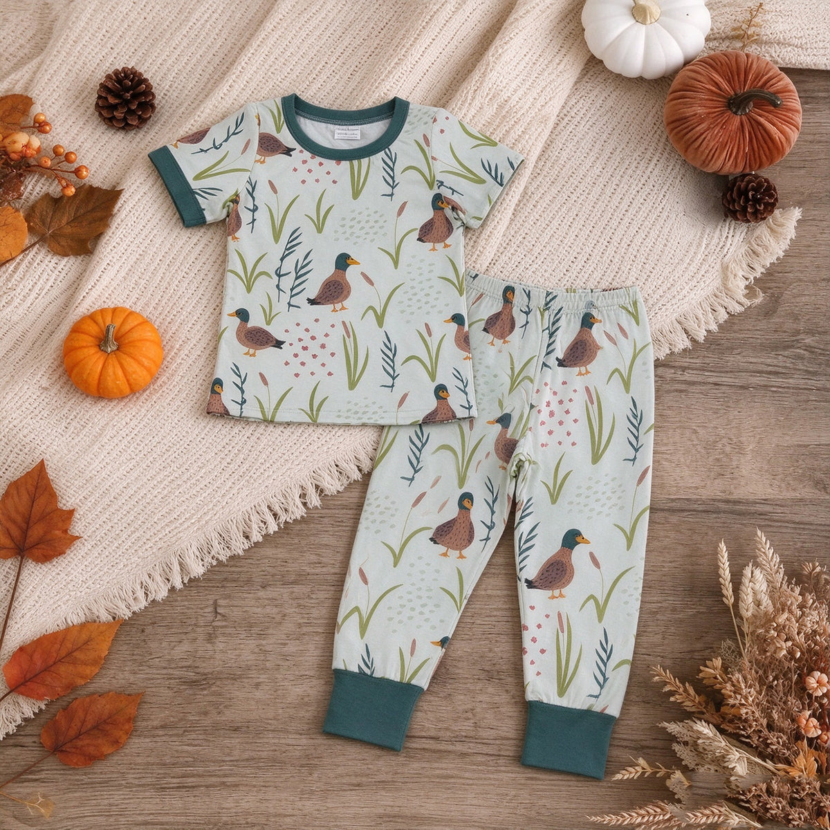 NEW RTS NO MOQ milk silk BSPO0519 Baby Boys Mallard Ducks Green Shirt Top Pants Hunting Pajamas Sets