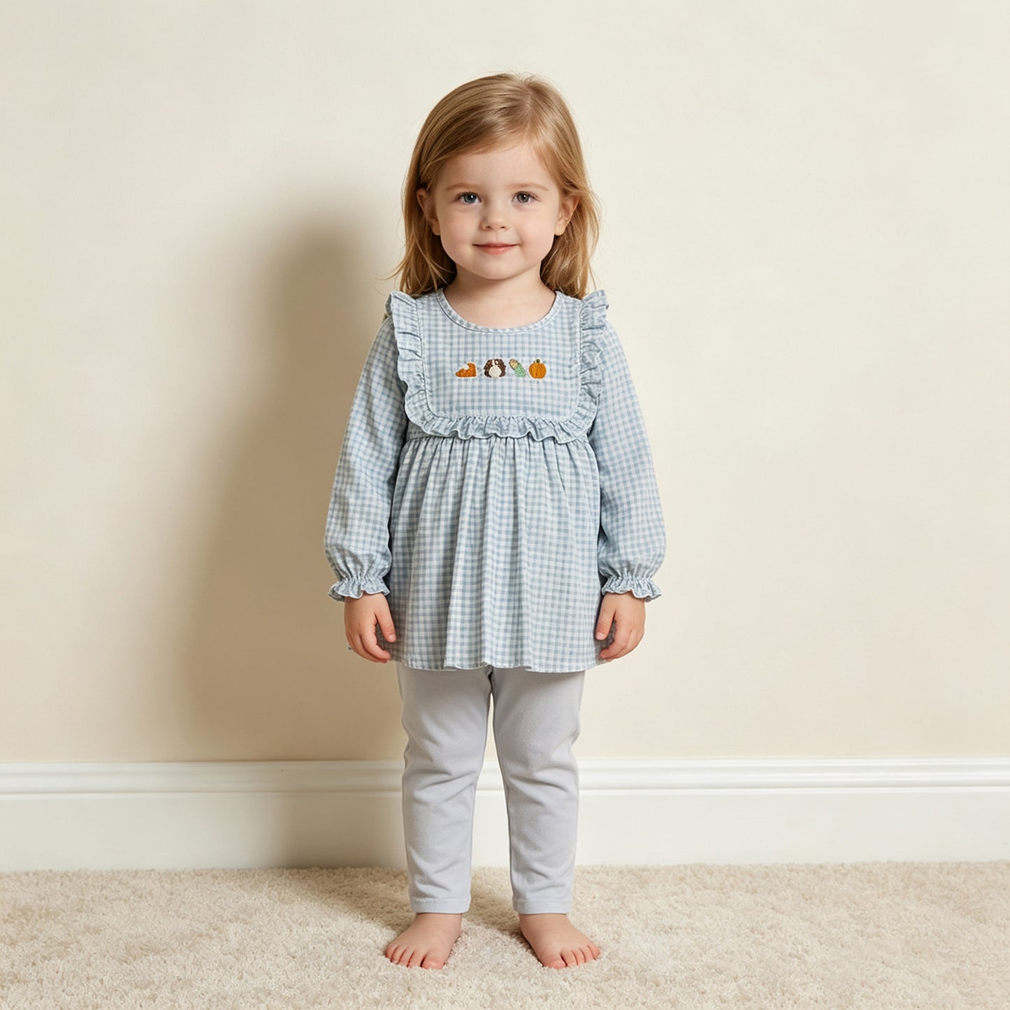 RTS NO MOQ milk silk GLP3409 Embroidery Turkey Pumpkins Baby Girls Tunic Leggings Thanksgivings Set