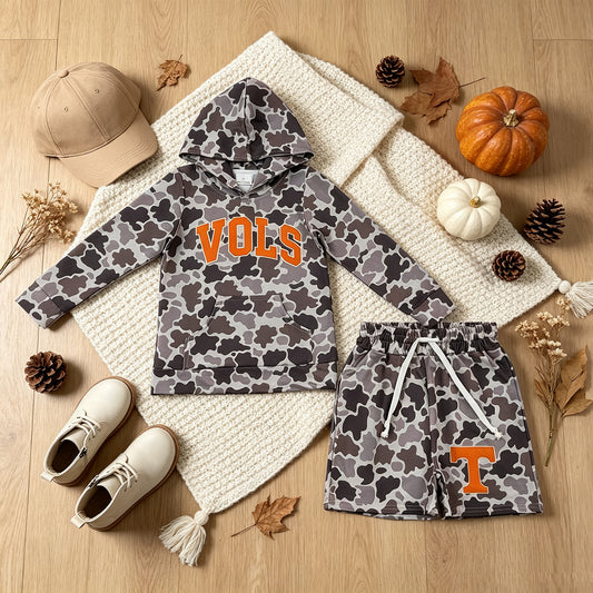 NEW RTS NO MOQ milk silk BLS0049 Baby Boys Grey Camo Vols Long Sleeve Hoodie Pockets Short Team Clothes Set