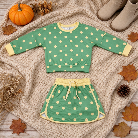 NEW RTS NO MOQ milk silk GLD1764 Baby Girls Green Polka Dots Long Sleeve Top Skirt Short Clothes Set