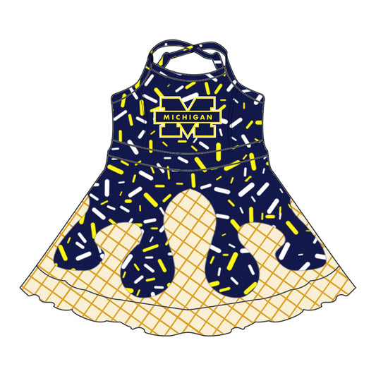 7.3Preorder (moq 5)Baby Girls Strap Navy Michigan Drip Shorts Ruffle Team Knee Length Dresses