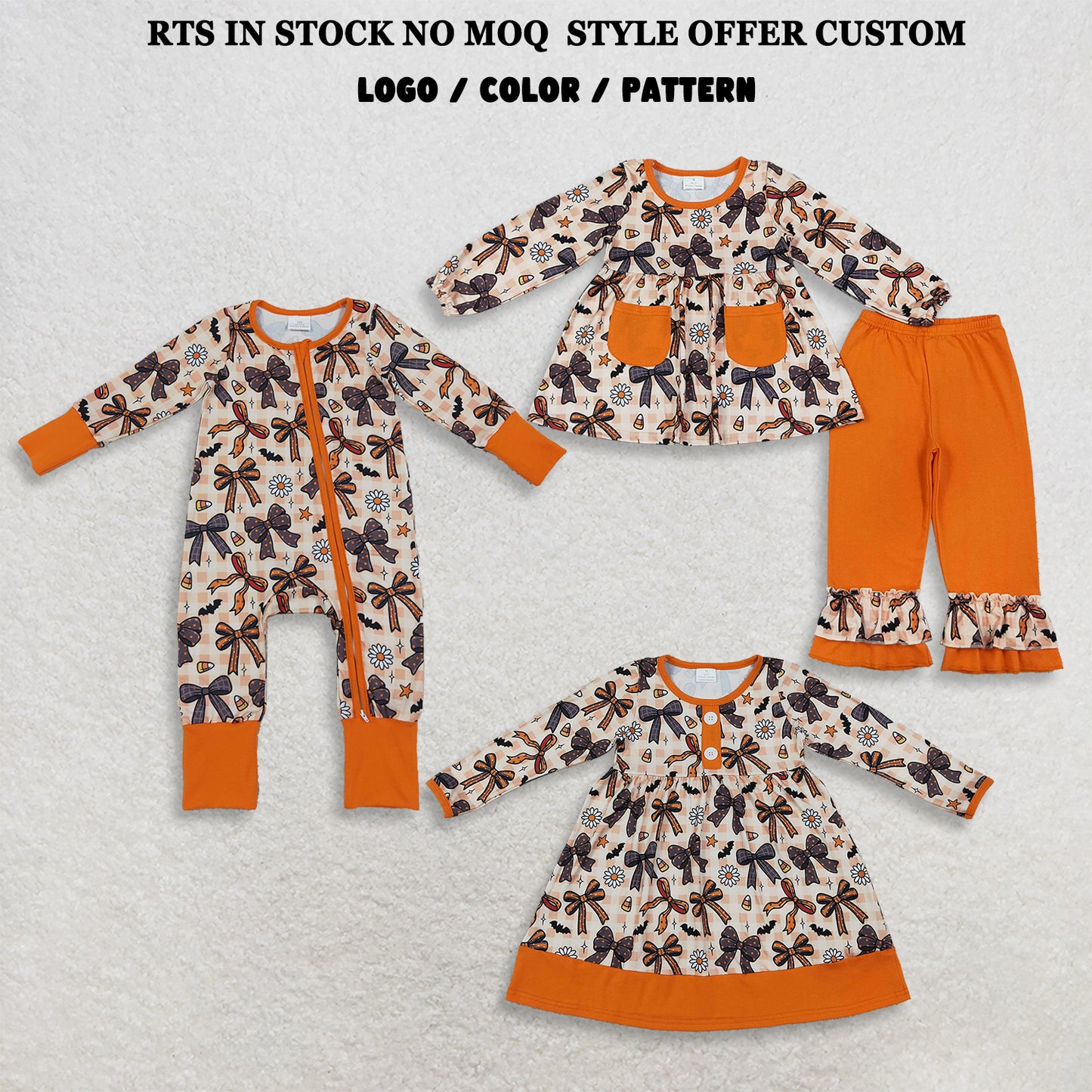 RTS NO MOQ Sibling milk silk Baby Girls Bats Flowers Pockets Tunic Ruffle Pant Halloweens Clothes Sets Rompers Dress