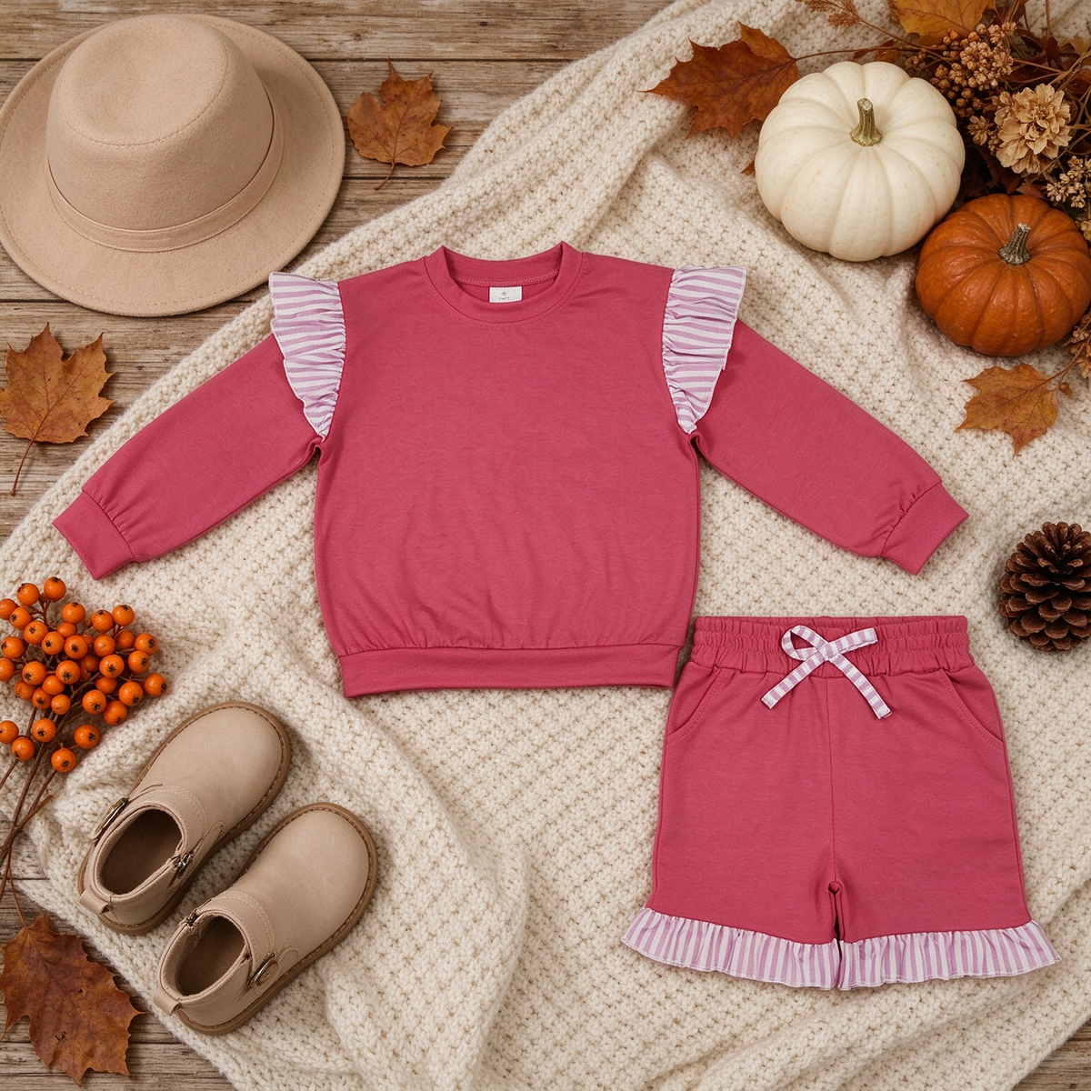 NEW RTS NO MOQ milk silk GLS0221（GT1848+SS1001）Baby Girls Watermelon Red Stripe Flutter Sleeve Top Pockets Ruffle Short Clothes Set