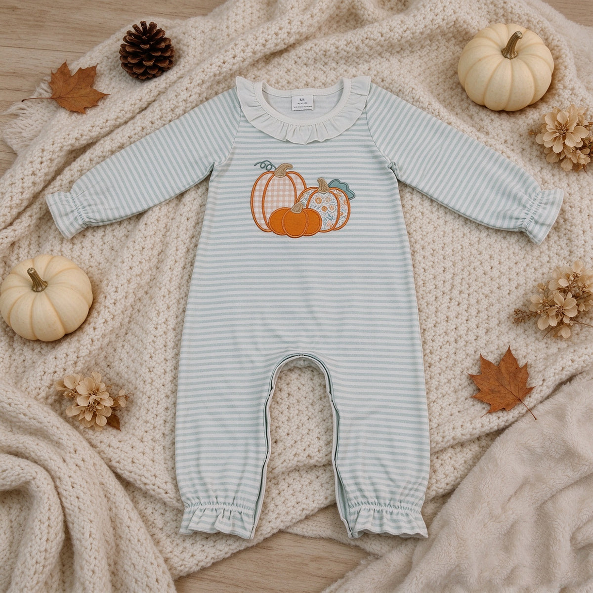 NEW RTS NO MOQ milk silk LR3137 Embroidery Flower Pumpkins Baby Girls Green Stripe Fall Pant Rompers