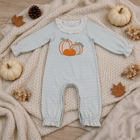 NEW RTS NO MOQ milk silk LR3137 Embroidery Flower Pumpkins Baby Girls Green Stripe Fall Pant Rompers
