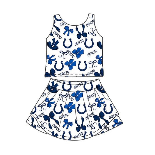 7.1Preorder (moq 5)Baby Girls Blue Sleeveless Bows Plaid Colts Top Skort Team Set