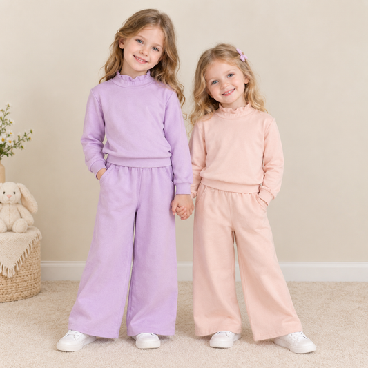 RTS NO MOQ Sibling cotton Baby Girls High Neck Solid Ruffle Mock Neck Long Sleeve Top And Wide Leg Pant Outfit Set（副本）