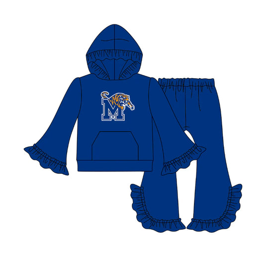 X1.12 Preorder(moq 5)Baby Girls Blue M Tigers Pocket Hoodie Bell Bottom Pants Team Clothes Sets