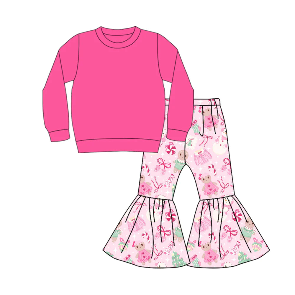 X904Preorder (moq 5)Baby Girls Pink Color Shirt Top Snowmen Bell Bottom Pants Christmas Clothes Sets