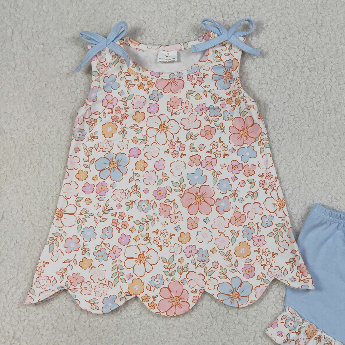4.1 GSSO3393 Baby Girls Sleeveless Colorful Flowers Scallop Tunic Ruffle Shorts Clothes Set