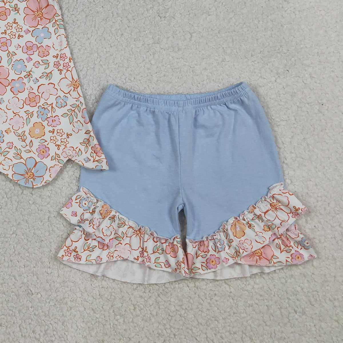 4.1 GSSO3393 Baby Girls Sleeveless Colorful Flowers Scallop Tunic Ruffle Shorts Clothes Set