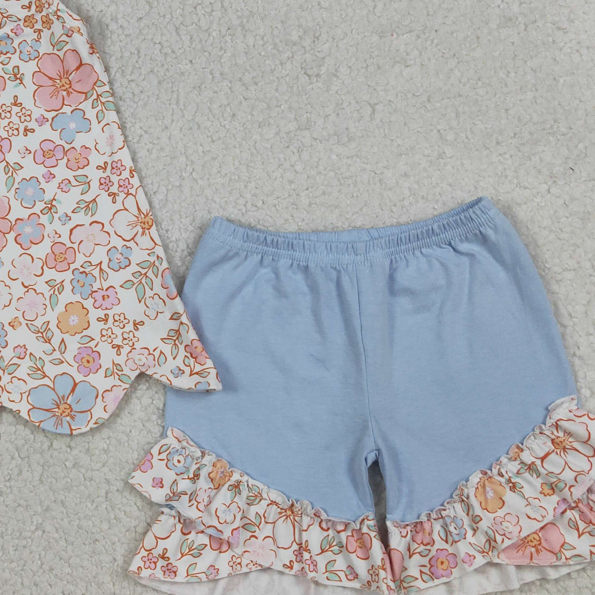 4.1 GSSO3393 Baby Girls Sleeveless Colorful Flowers Scallop Tunic Ruffle Shorts Clothes Set