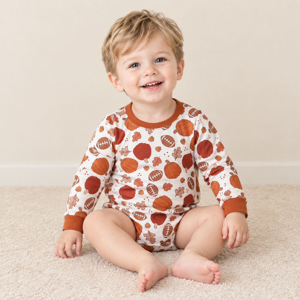 NEW RTS NO MOQ milk silk LR3235 Baby Boys Long Sleeve Football Pumpkins Fall Romper