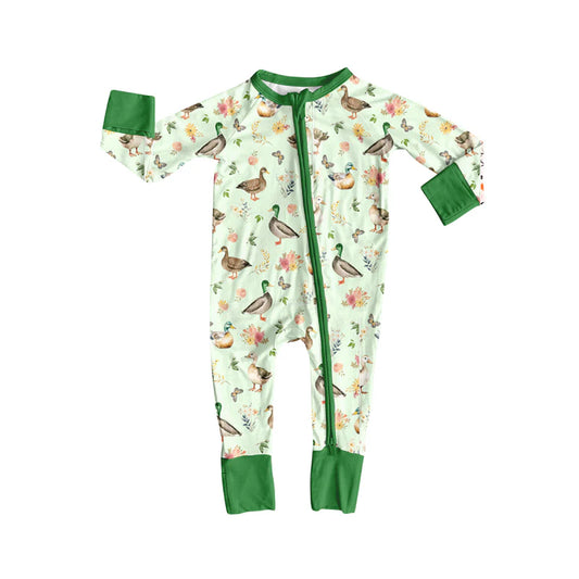 8.12Preorder(moq 5)Baby Infant Mallard Ducks Green Zipper Footie Rompers