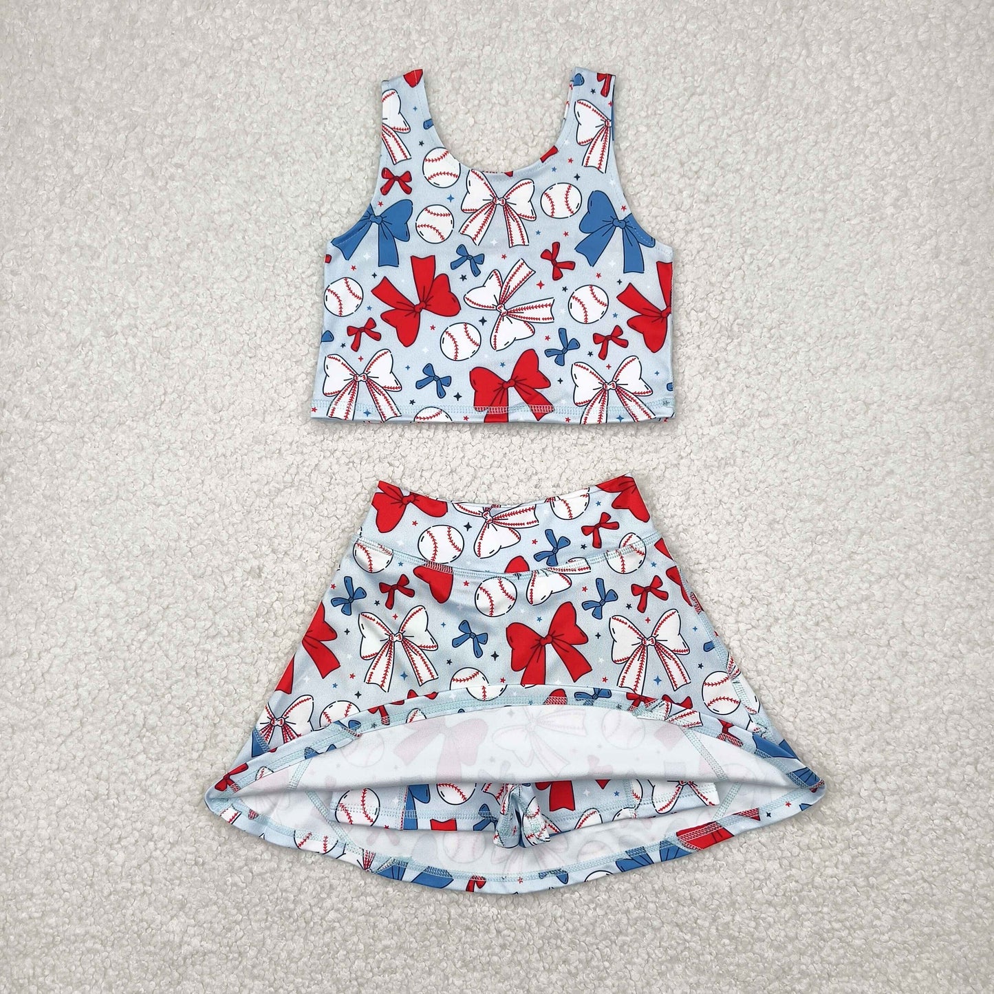 4.3  GSD2151 Baseball bow pattern blue vest skirt yoga set