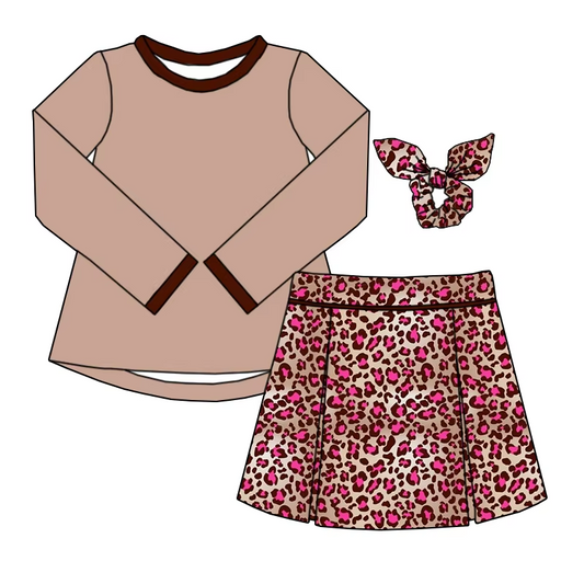 6.10 Solid color top brown leopard print skirt and pants set