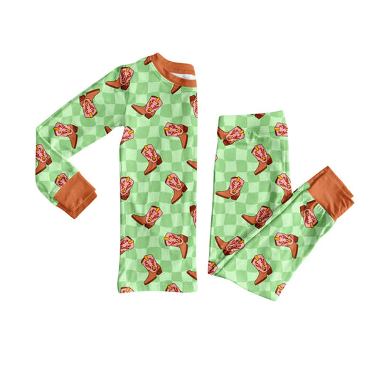 8.12Preorder(moq 5) Baby Boys Green Checkered Boots Top Pants Lounge Wear Pajamas Sets
