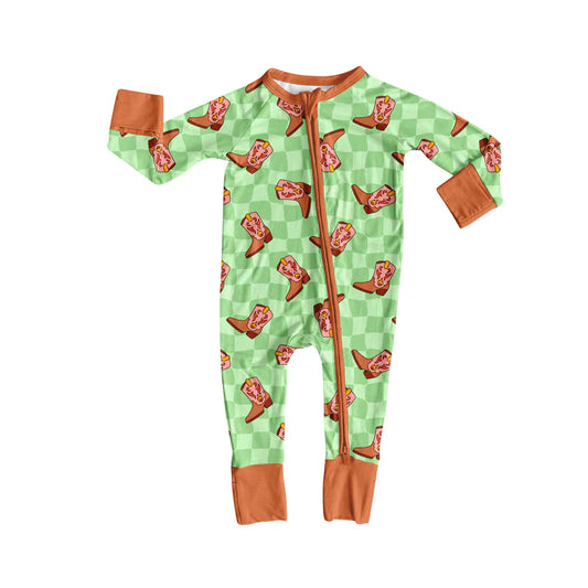 8.12Preorder(moq 5)Baby Infant Green Checkered Boots Zipper Footie Rompers