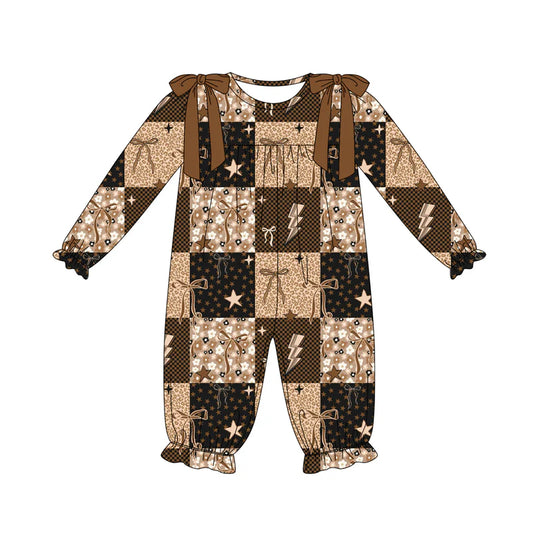 7.14Preorder (moq 5)Baby Girls Brown Long Sleeves Flowers Bows Plaid Ruffle Pant Romper