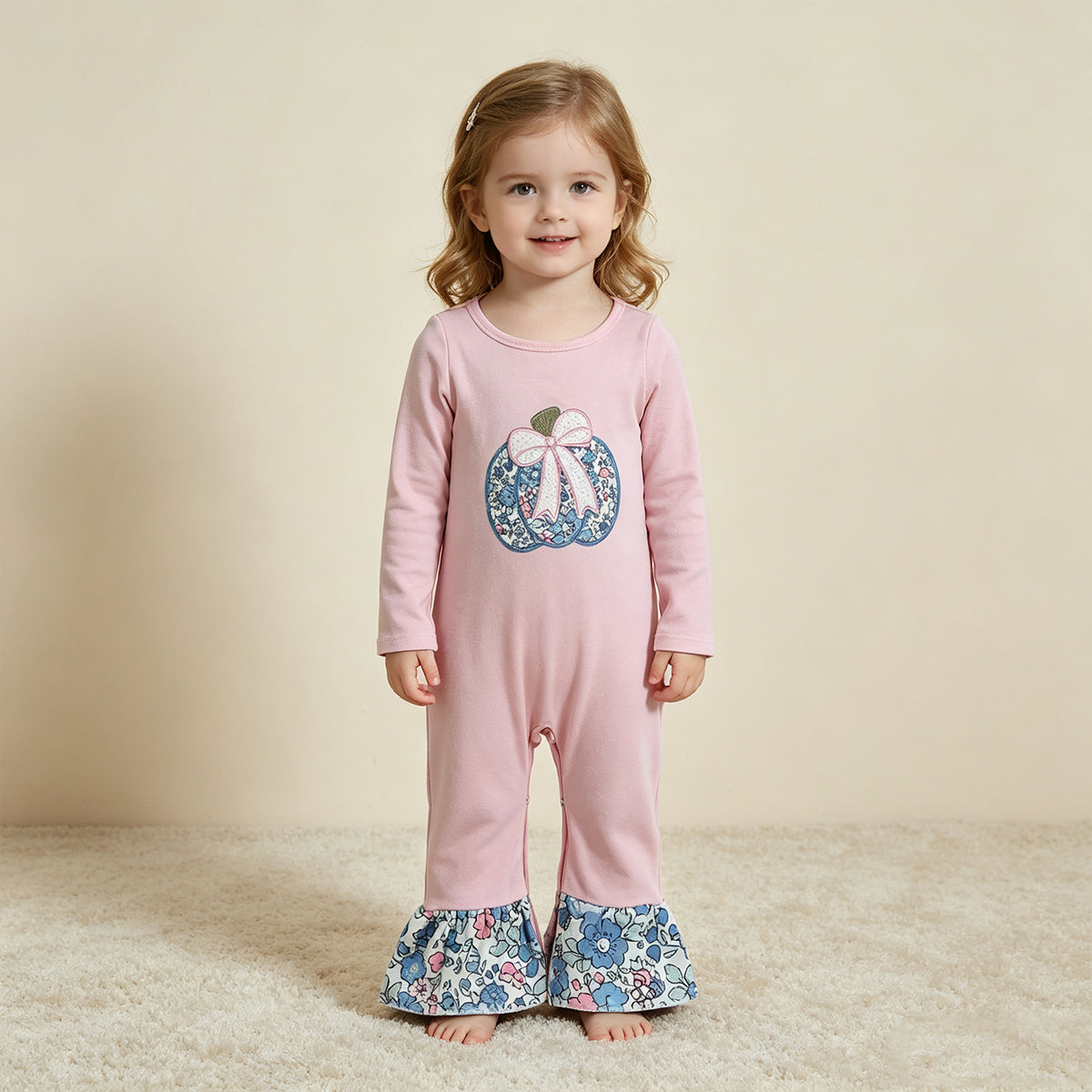 NEW RTS NO MOQ milk silk LR3021 Embroidery Baby Girls Bow Flowers Pumpkin Fall Ruffle Pant Rompers