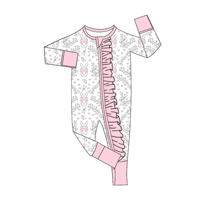 X922Preorder (moq 5)Baby Girls Pink Flowers Rabbits Easter Ruffle Zipper Footie Rompers