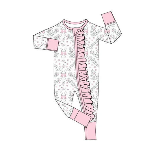 X922Preorder (moq 5)Baby Girls Pink Flowers Rabbits Easter Ruffle Zipper Footie Rompers