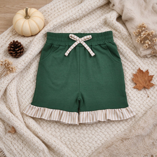 NEW RTS NO MOQ milk silk SS0998 Baby Girls Green Stripe Bow Pockets Shorts Bottom