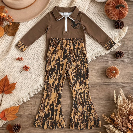 NEW RTS NO MOQ milk silk GT1698+P1039 Baby Girls Southern Leaves Camo Scallop Bell Bottom Pants