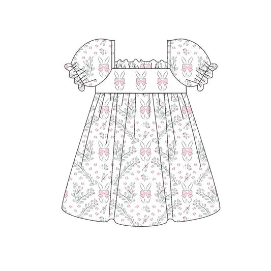 X922Preorder (moq 5)Baby Girls Pink Flowers Rabbits Easter Knee Length Dresses