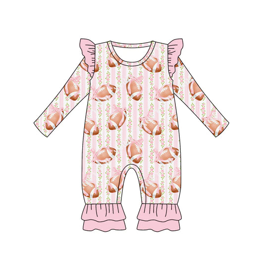7.14Preorder (moq 5)Baby Girls Long Sleeves Pink Bows Footballs Stripe Ruffle Pants Romper