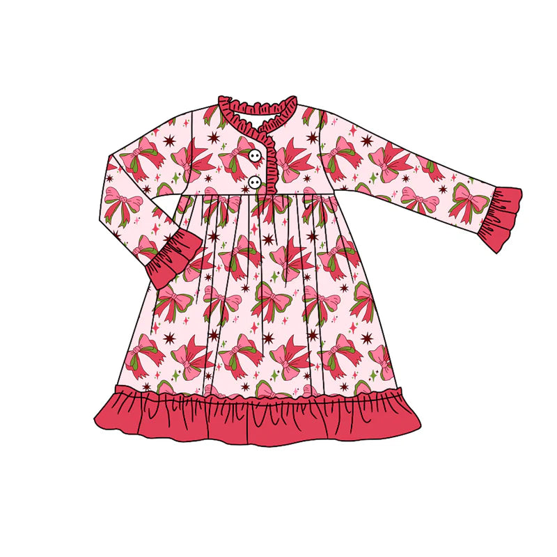 7.11Preorder (moq 5)Baby Girls Long Sleeves Red Bows Stars Plaid Button Knee Length Dresses