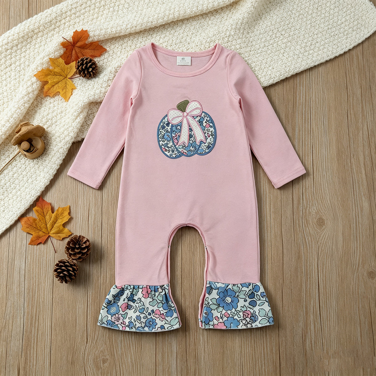 NEW RTS NO MOQ milk silk LR3021 Embroidery Baby Girls Bow Flowers Pumpkin Fall Ruffle Pant Rompers