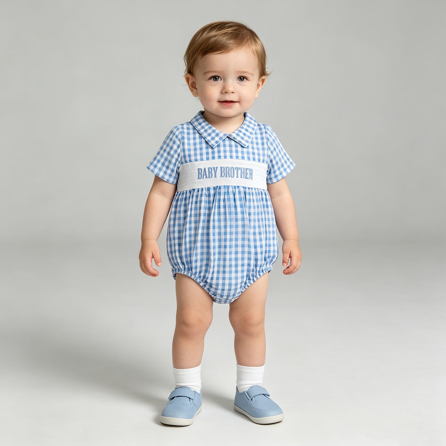 NEW RTS NO MOQ milk silk SR4231 Smocked Baby Brother Short Sleeve Blue Checked Back Button Rompers