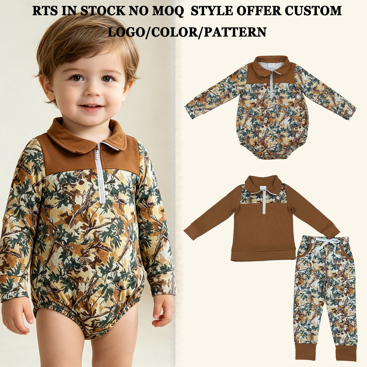 RTS NO MOQ Sibling milk silk Baby Boys Long Sleeve Camo Print Zip Pullover Pockets Jogger Hunting Clothes Sets Zipper Rompers