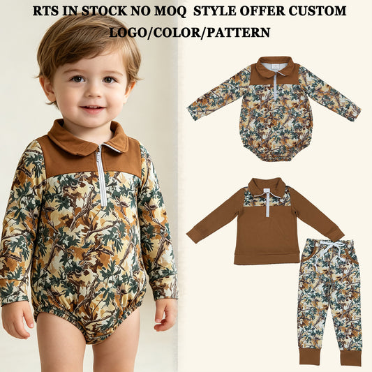 RTS NO MOQ Sibling milk silk Baby Boys Long Sleeve Camo Print Zip Pullover Pockets Jogger Hunting Clothes Sets Zipper Rompers